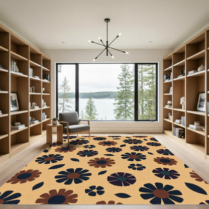 Retro Brown and Blue Floral Bloom Rug