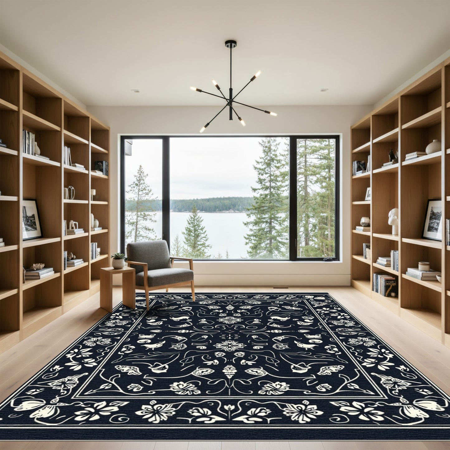 Cream and Navy Floral Whimsical Artful Rug