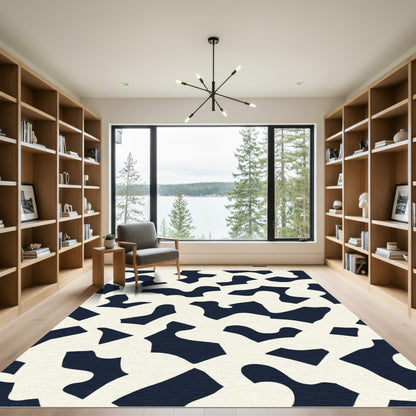 Abstract Navy and Ivory Organic Shapes Rug