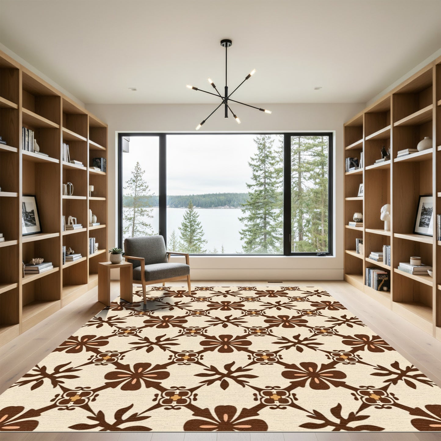 Creamy Brown Art Nouveau Floral Diamond Rug