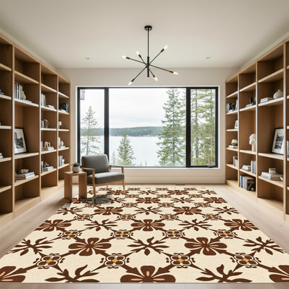 Creamy Brown Art Nouveau Floral Diamond Rug