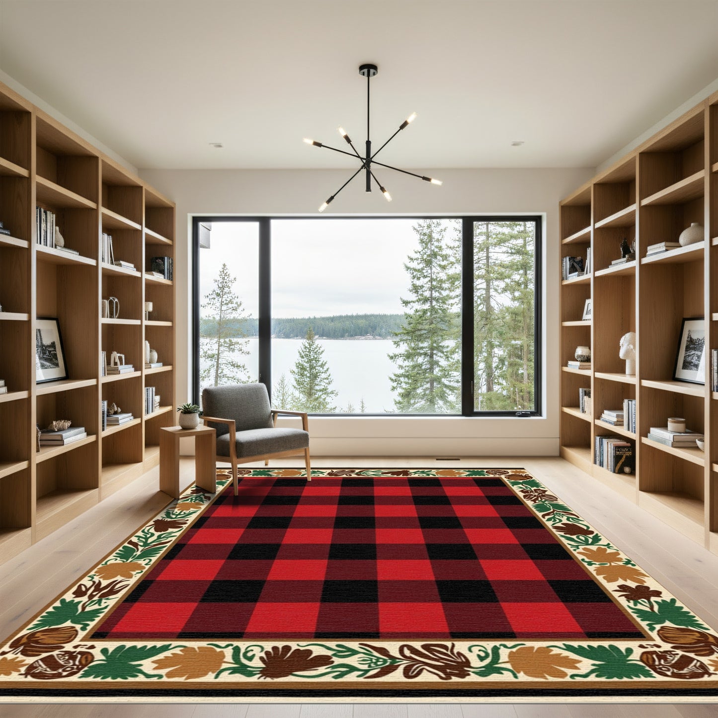 Red Black Plaid Botanical Border Rug