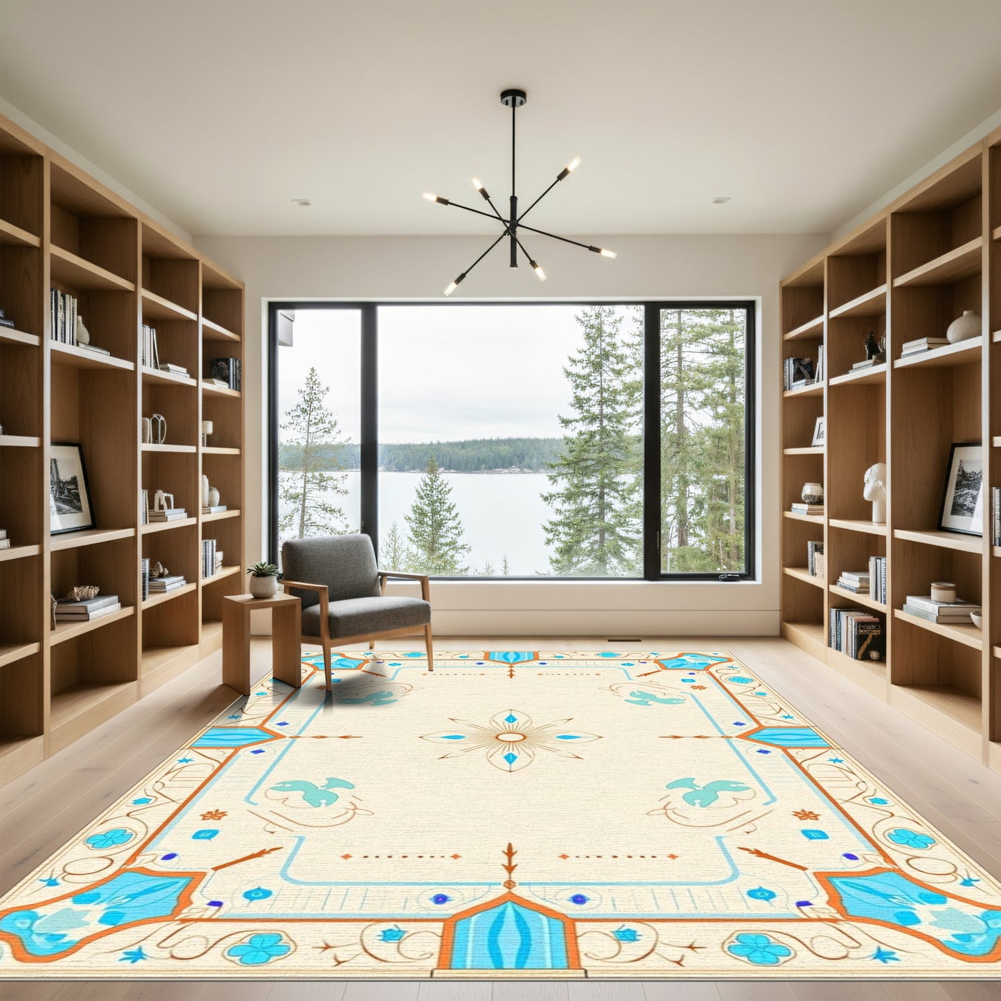 Aqua Orange Floral Border medallion Rug