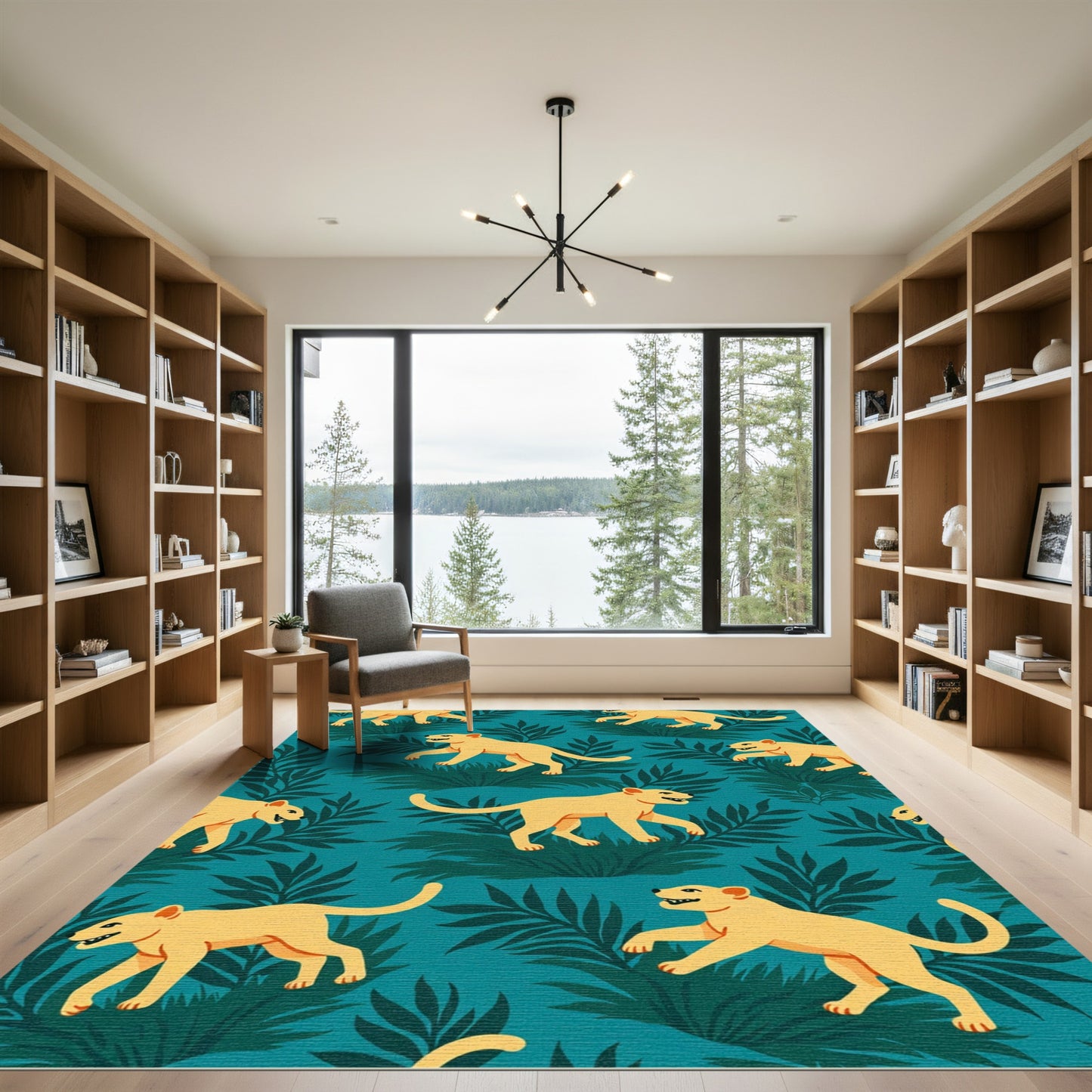 Golden Lions Tropical Teal Background Rug