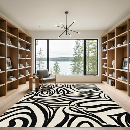 Black Cream Abstract Zebra Swirl Rug