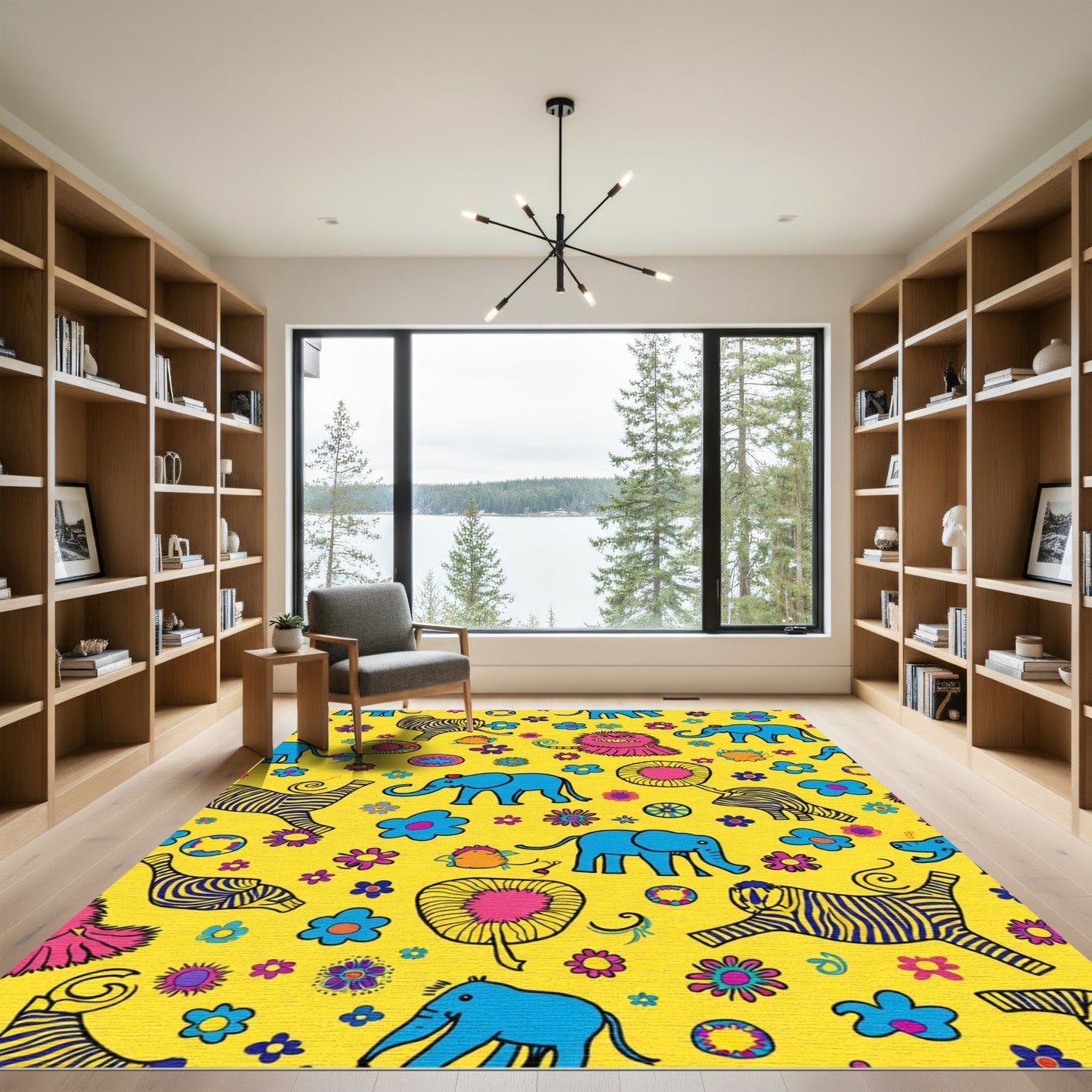 Vibrant Yellow Elephants Floral Whimsical Friends Rug