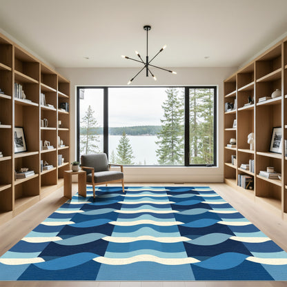 Modern Indigo Tonal Wave Collage Rug