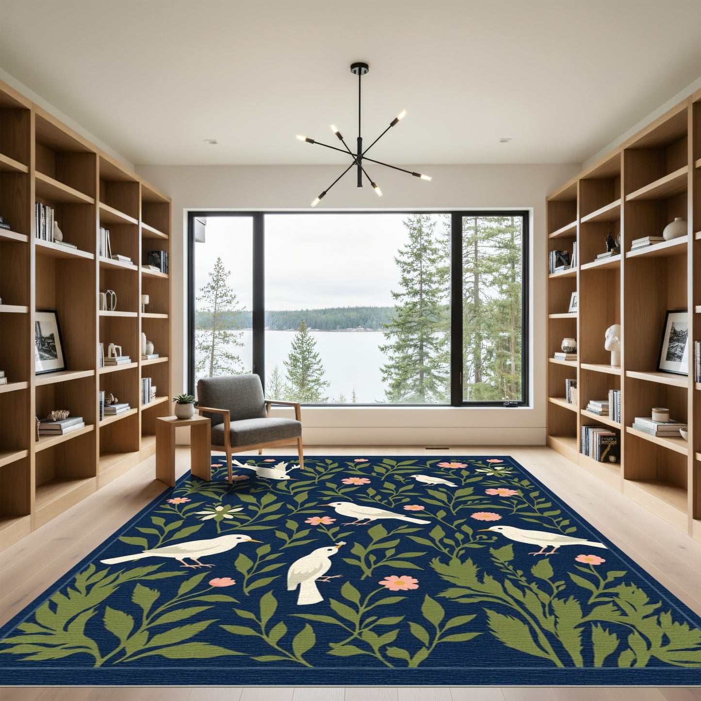 Charming White Birds Pink Floral Navy Rug