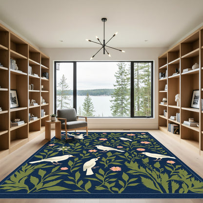 Charming White Birds Pink Floral Navy Rug