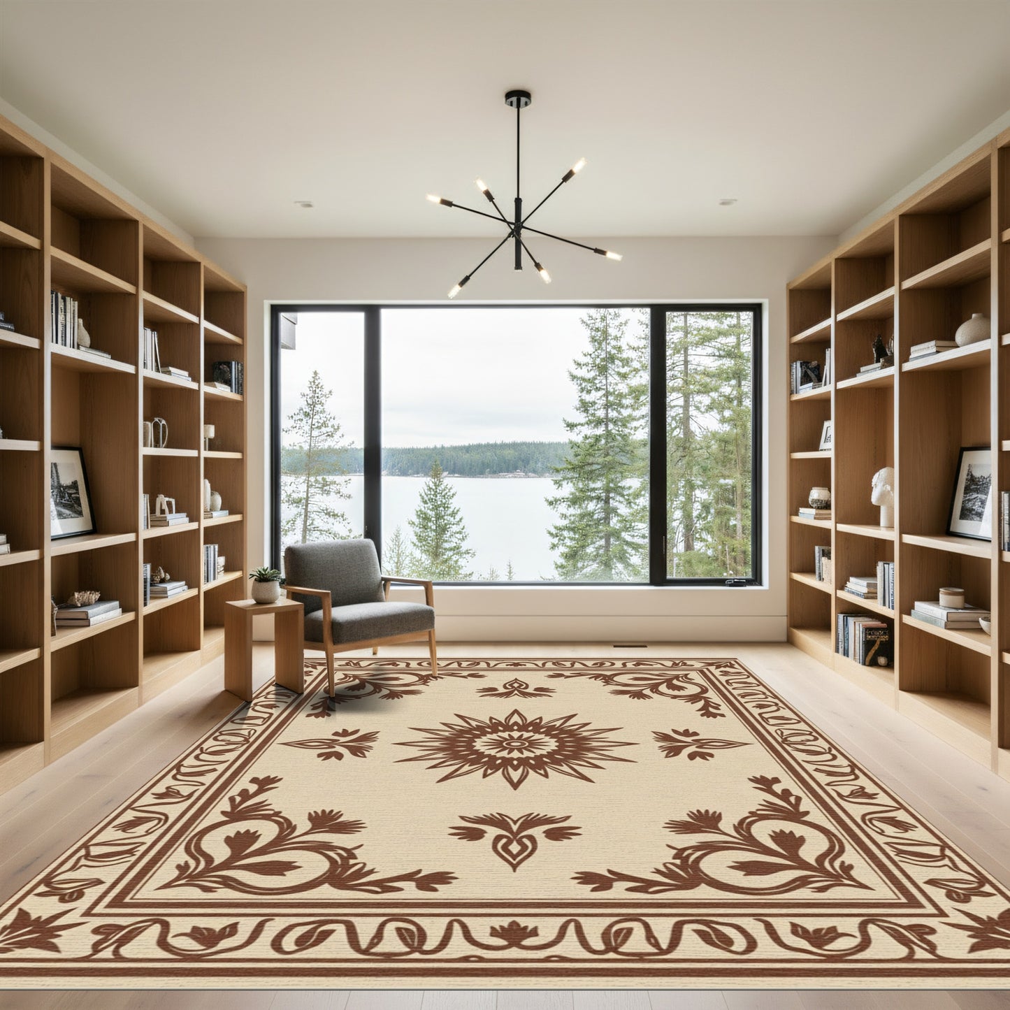 Brown Floral Sunburst Medallion Beige Rug