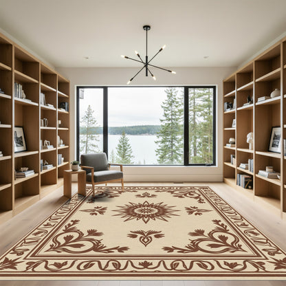 Brown Floral Sunburst Medallion Beige Rug