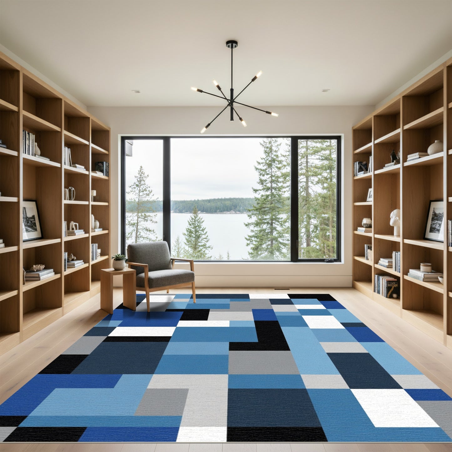 Cool Blue Gray Geometric Blocks Rug