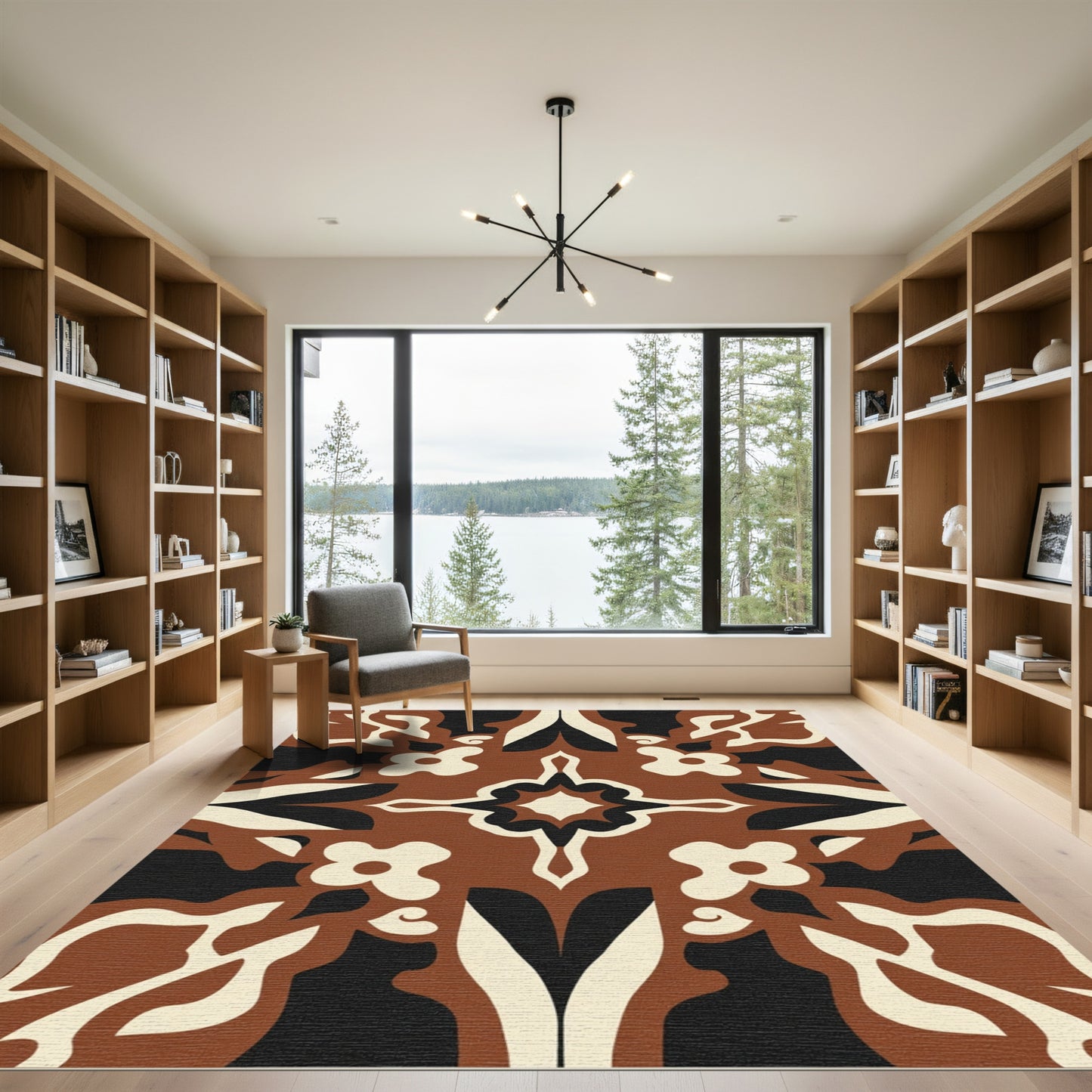 Earthy Brown Cream Black Floral Swirl Rug