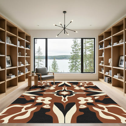 Earthy Brown Cream Black Floral Swirl Rug