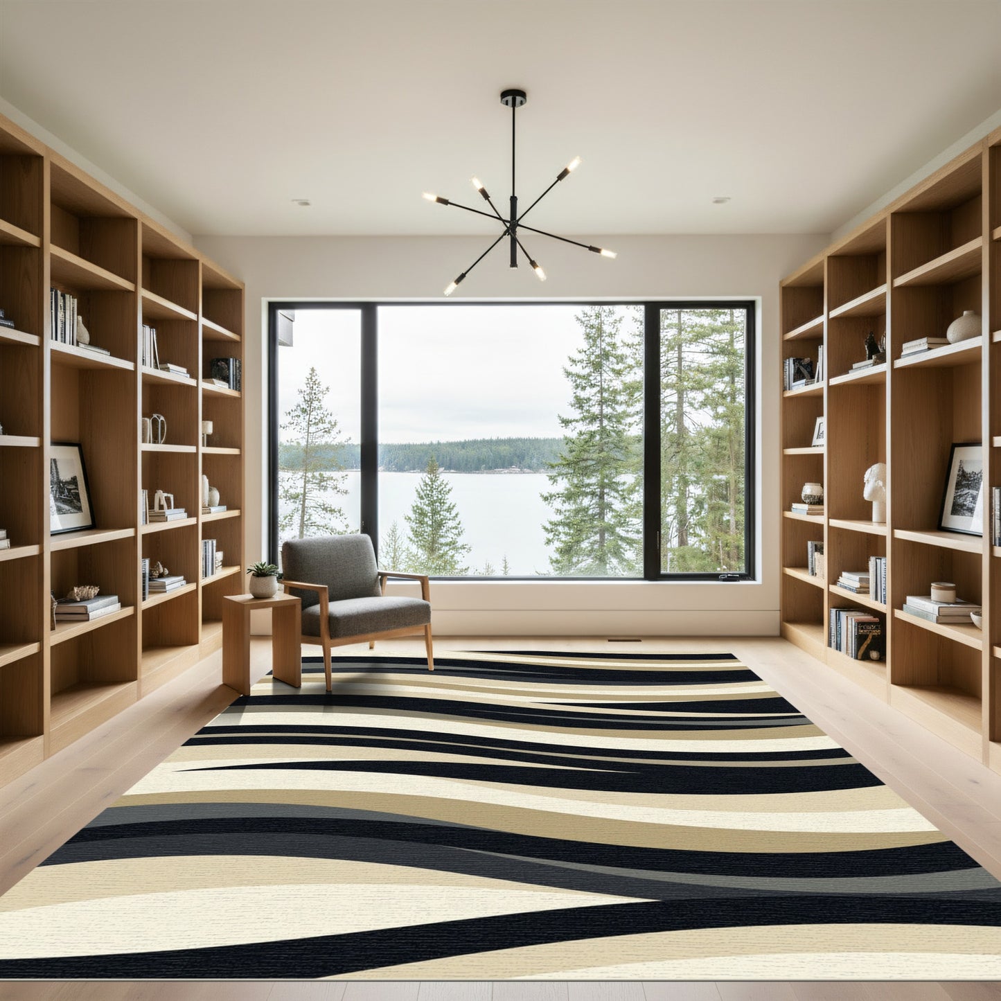 Contemporary Tan Black Wave Rug