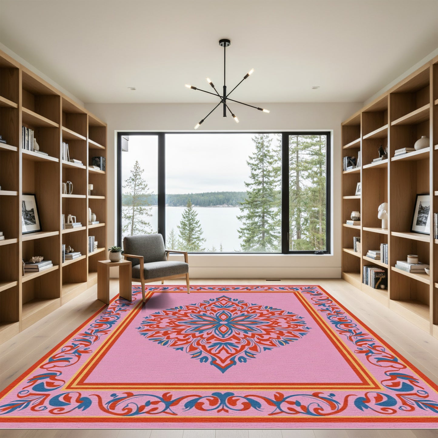 Pink Crimson Blue Floral Medallion Border Rug