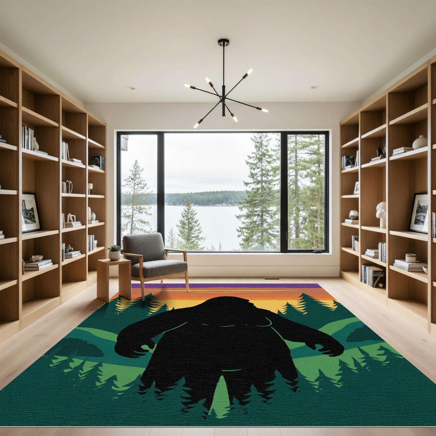 Mysterious Forest Bigfoot Sunset Horizon Rug