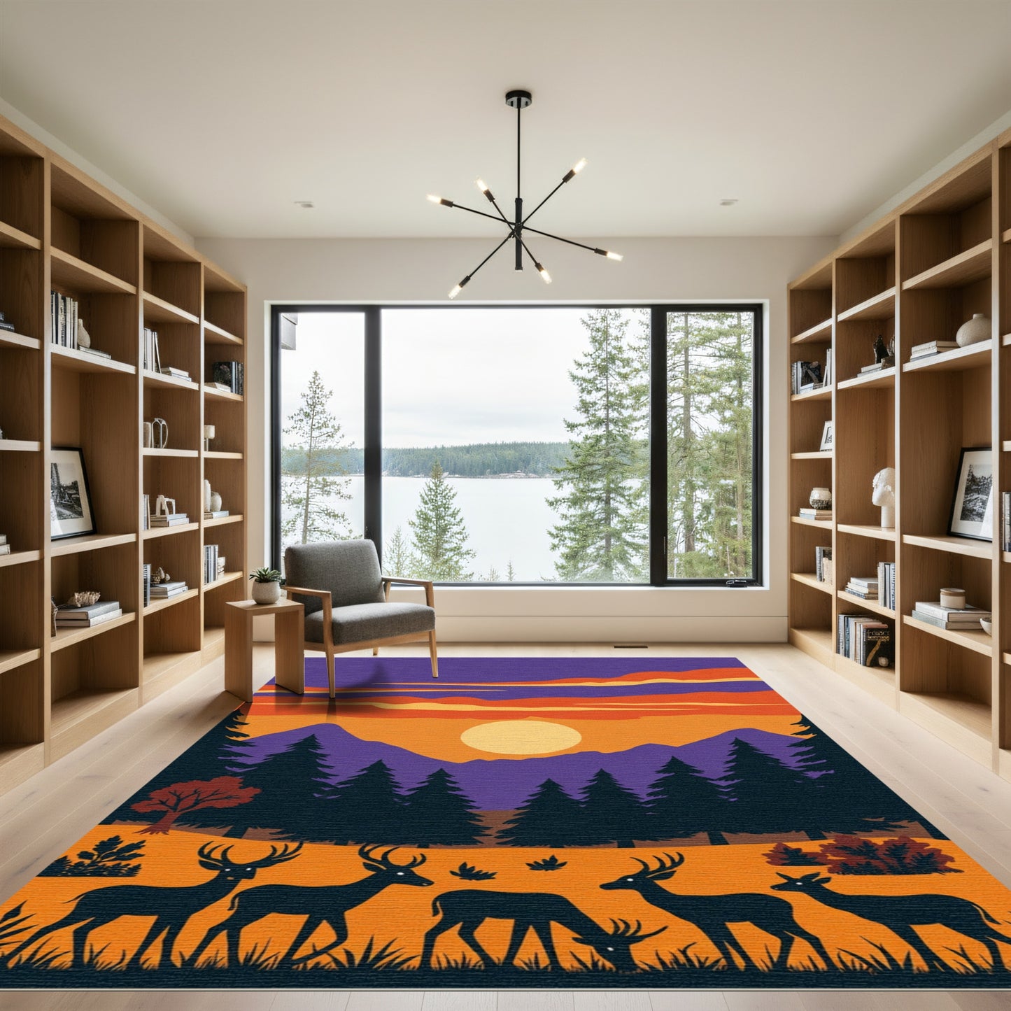Crimson Purple Deer Sunset Landscape Rug