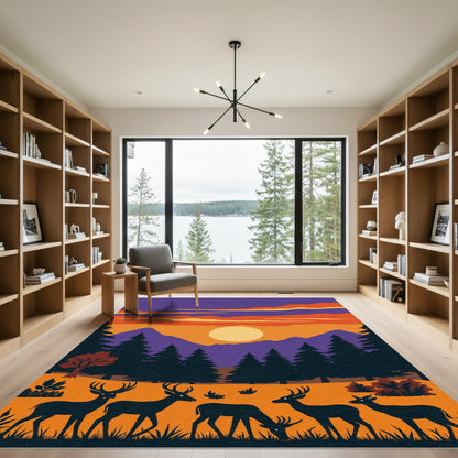 Crimson Purple Deer Sunset Landscape Rug