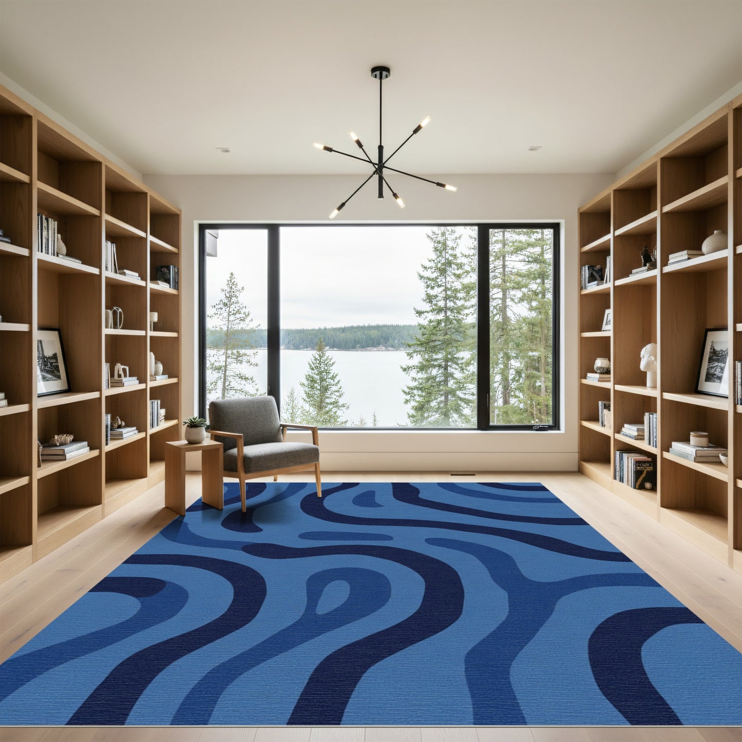 Monochromatic Blue Abstract Organic Lines Rug
