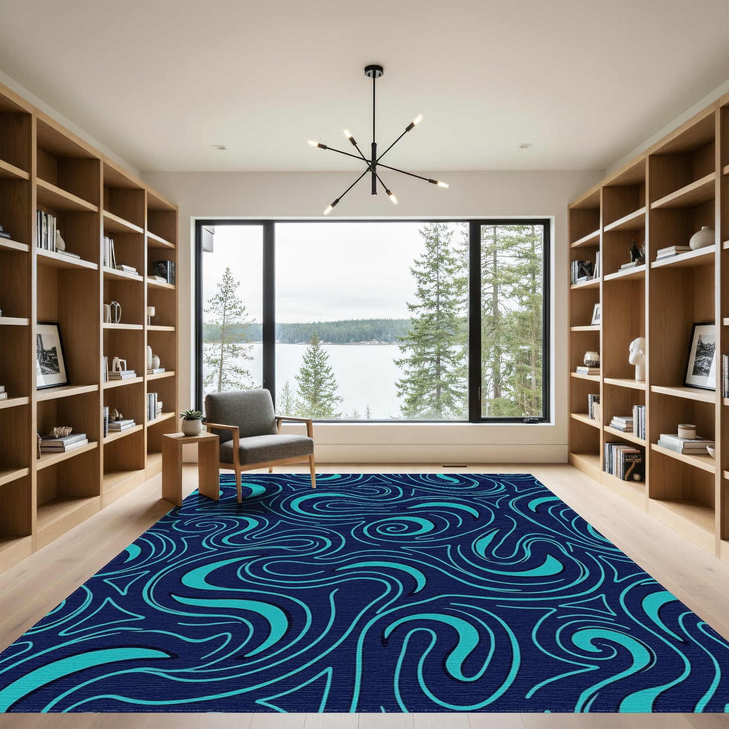 Teal Swirling Waves Navy Rug
