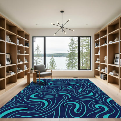 Teal Swirling Waves Navy Rug