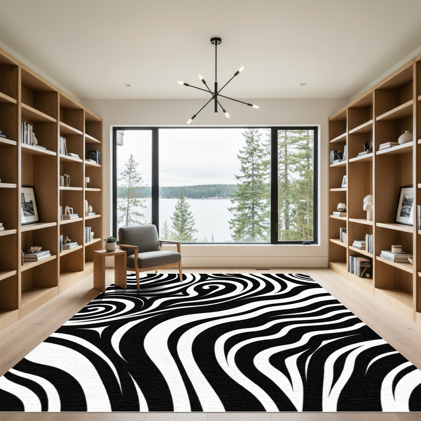 Bold Black White Abstract Swirl Rug
