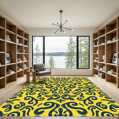 Royal Blue Swirl Scrollwork Ochre Rug