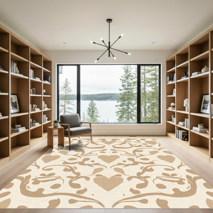 Tan Heart Swirl Damask Rug