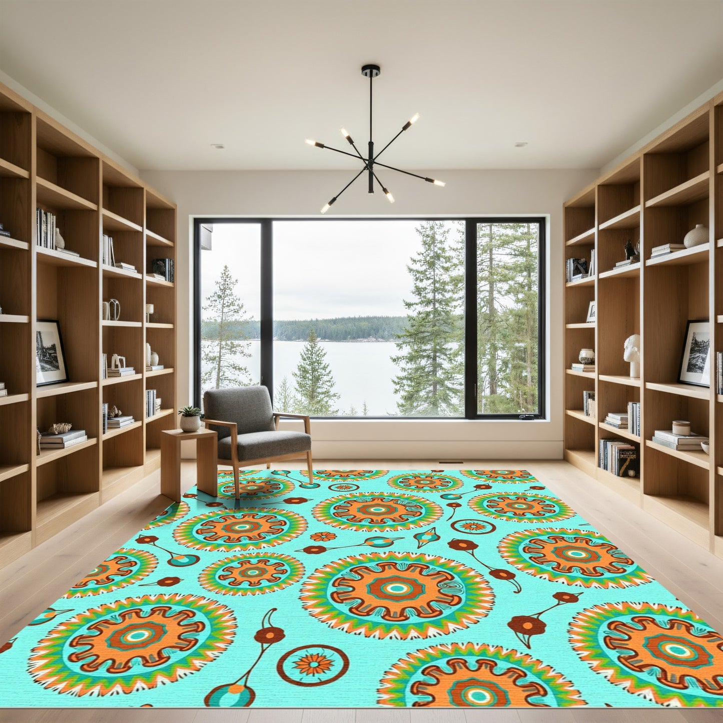 Bright Turquoise Orange Sunburst Mandala Rug