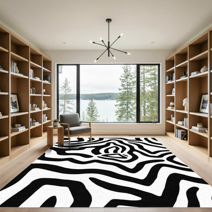 Chic Black White Wavy Stripes Rug