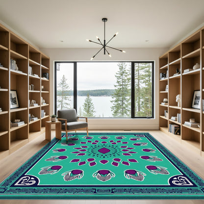 Teal Plum Feather Mandala Rug