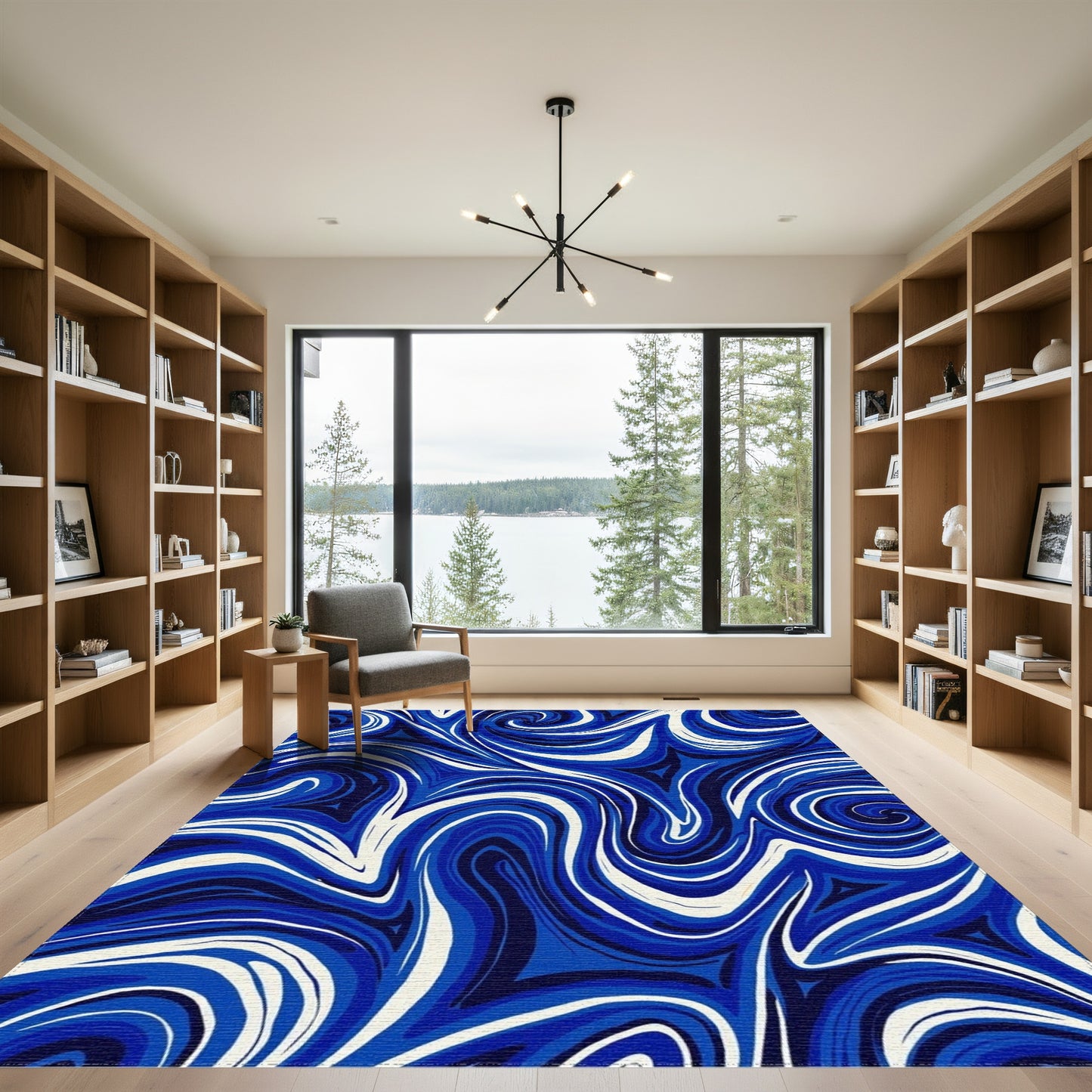 Navy White Swirling Waves Rug