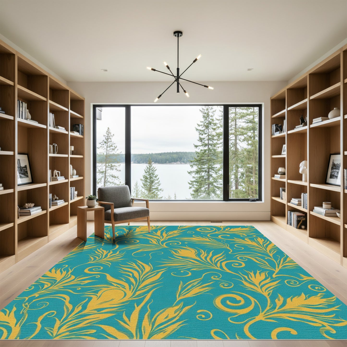 Golden Teal Swirl Feather Romance Rug