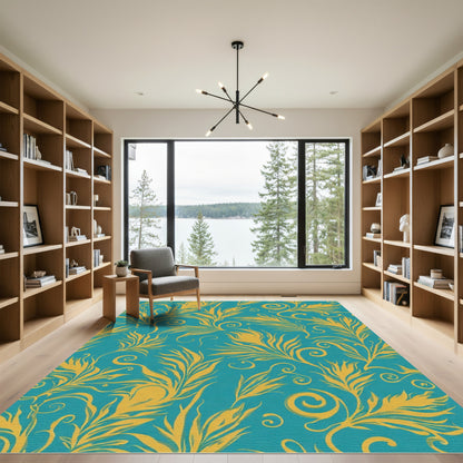 Golden Teal Swirl Feather Romance Rug