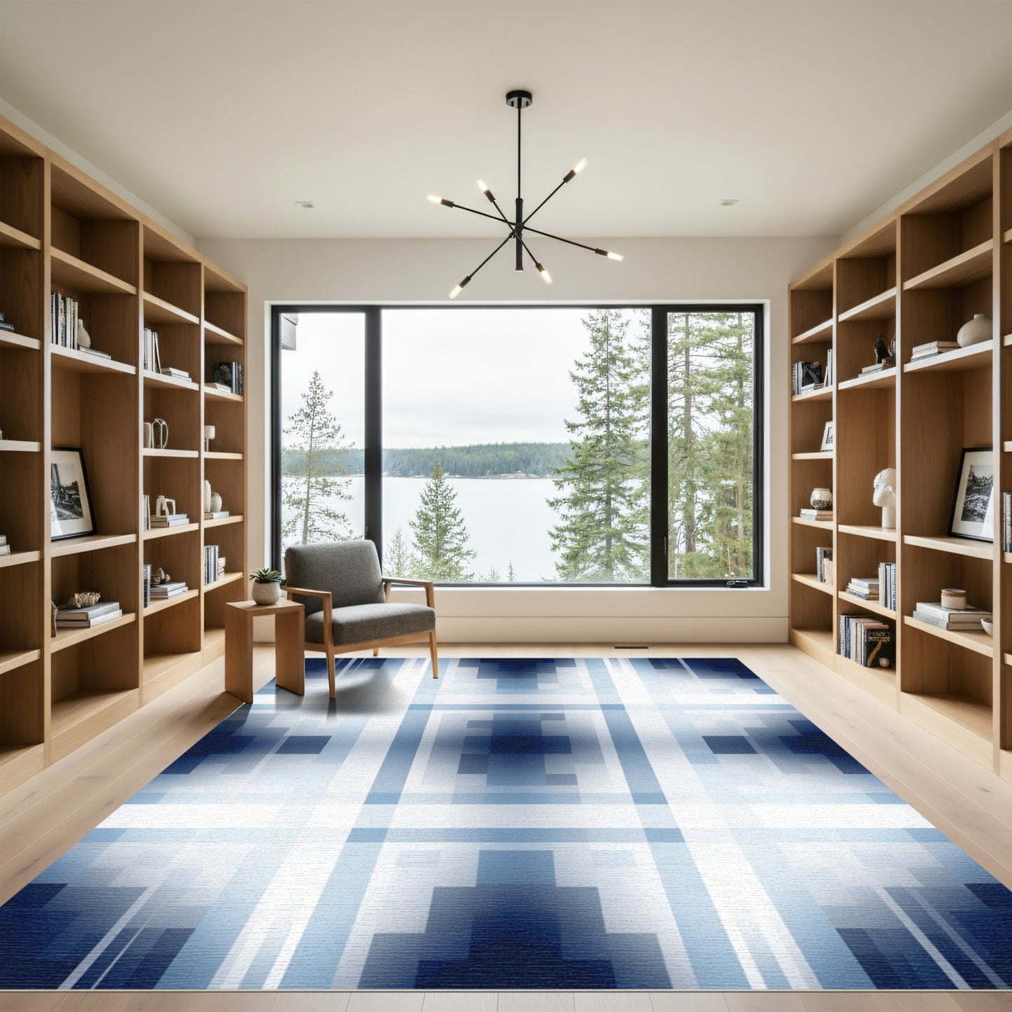 Deep Blue Geometric Pixelated Tiling Rug