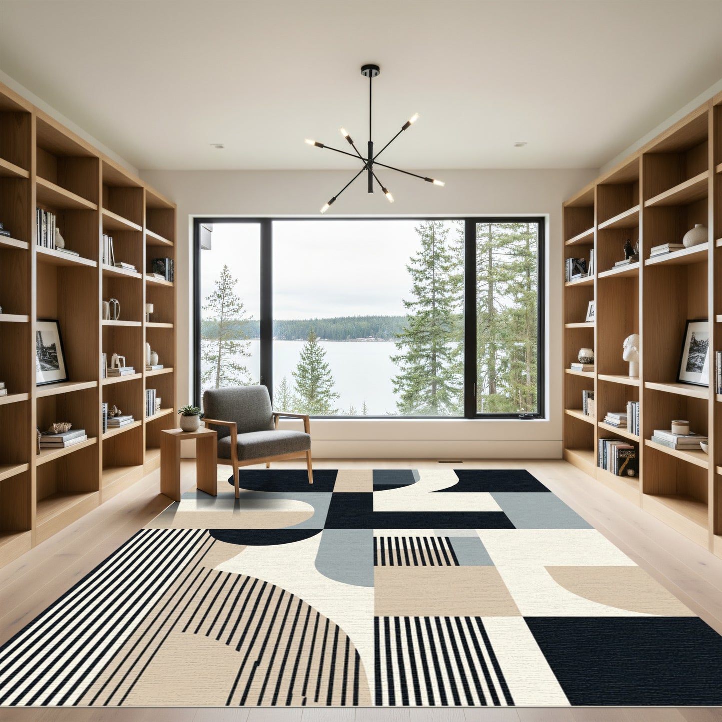 Modern Geometric Shapes Beige Black Rug