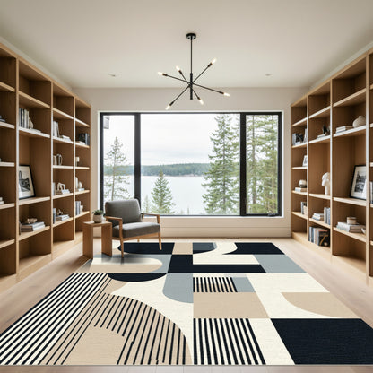 Modern Geometric Shapes Beige Black Rug