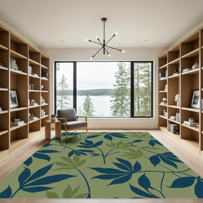 Navy Blue Green Leaf Vine Art Rug