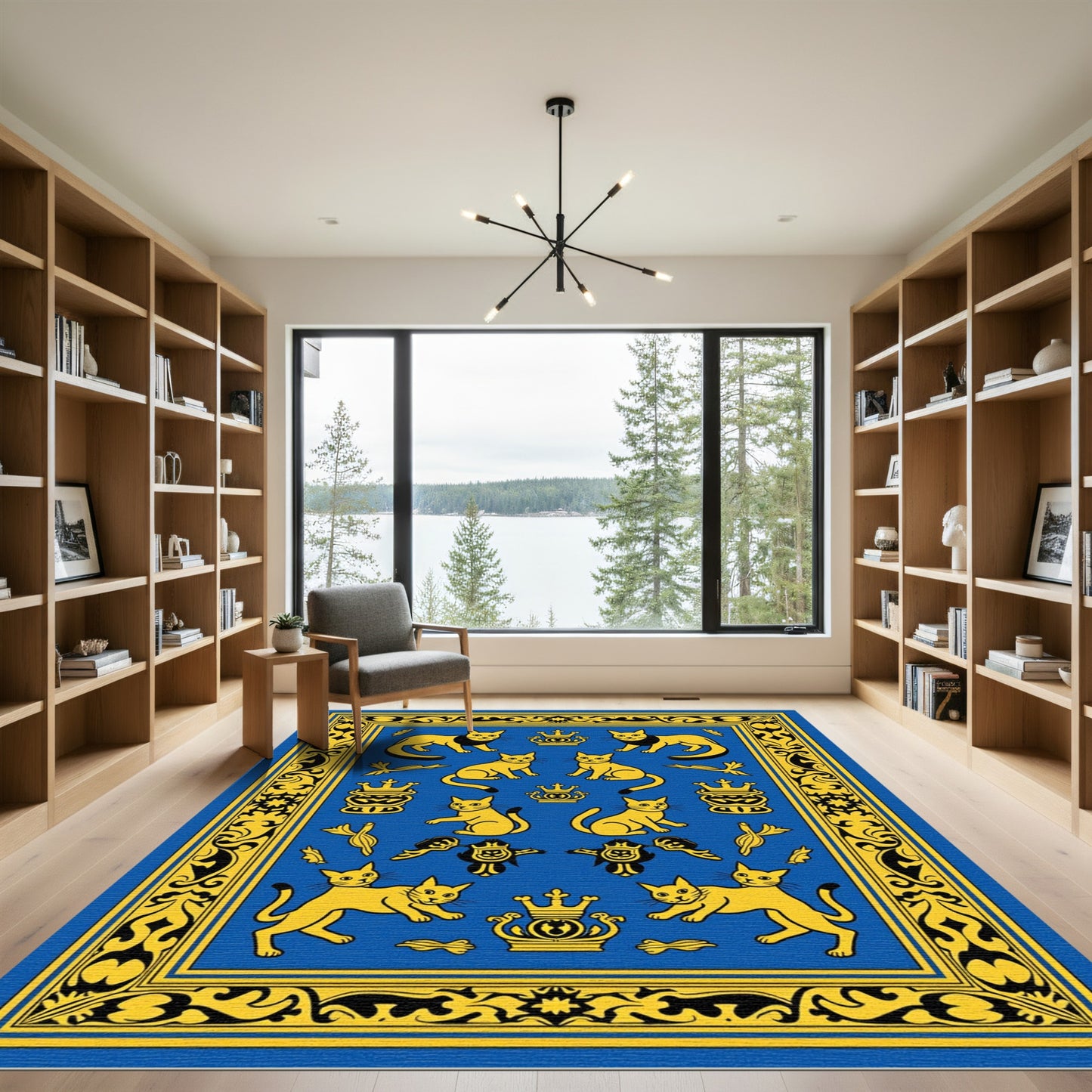 Royal Blue Yellow Feline Crown Composition Rug