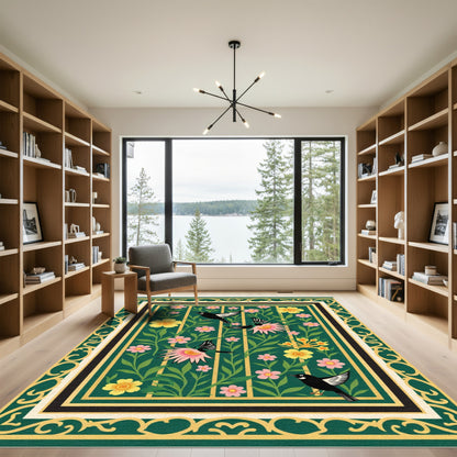Emerald Green Birds Garden Floral Rug