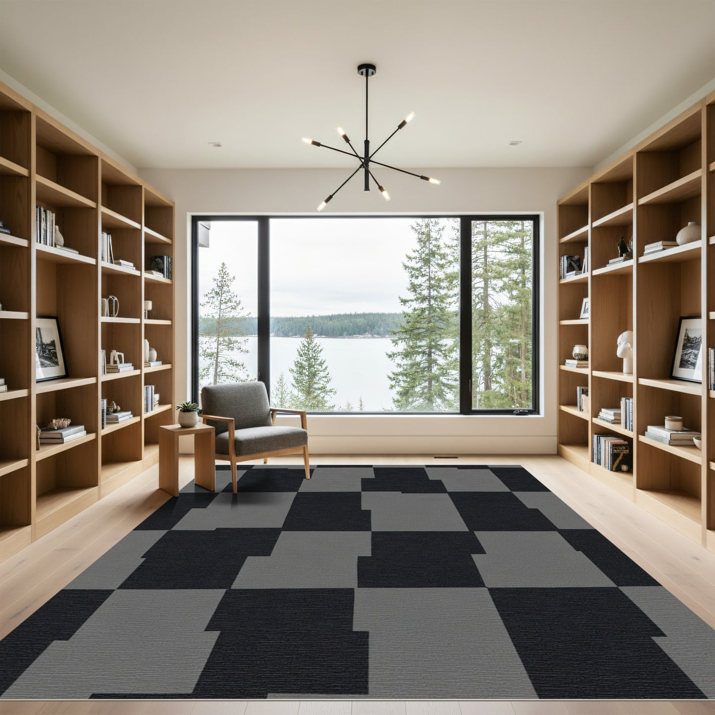 Monochrome Offset Checkered Grid Rug
