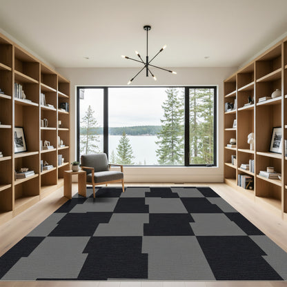 Monochrome Offset Checkered Grid Rug