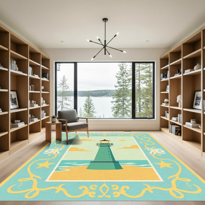 Coastal Lighthouse Beach Yellow Border Rug