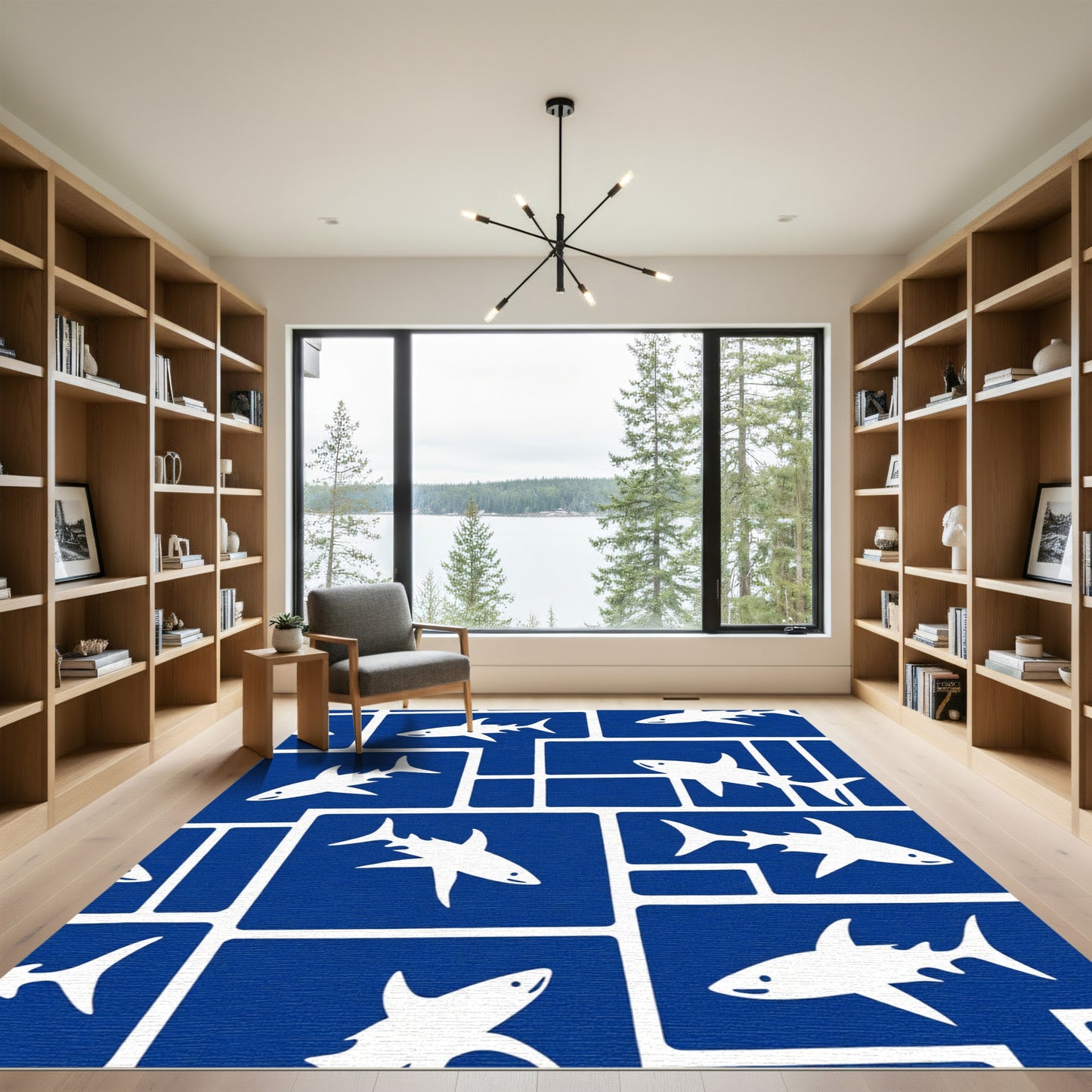 Bold Blue White Shark Mosaic Rug