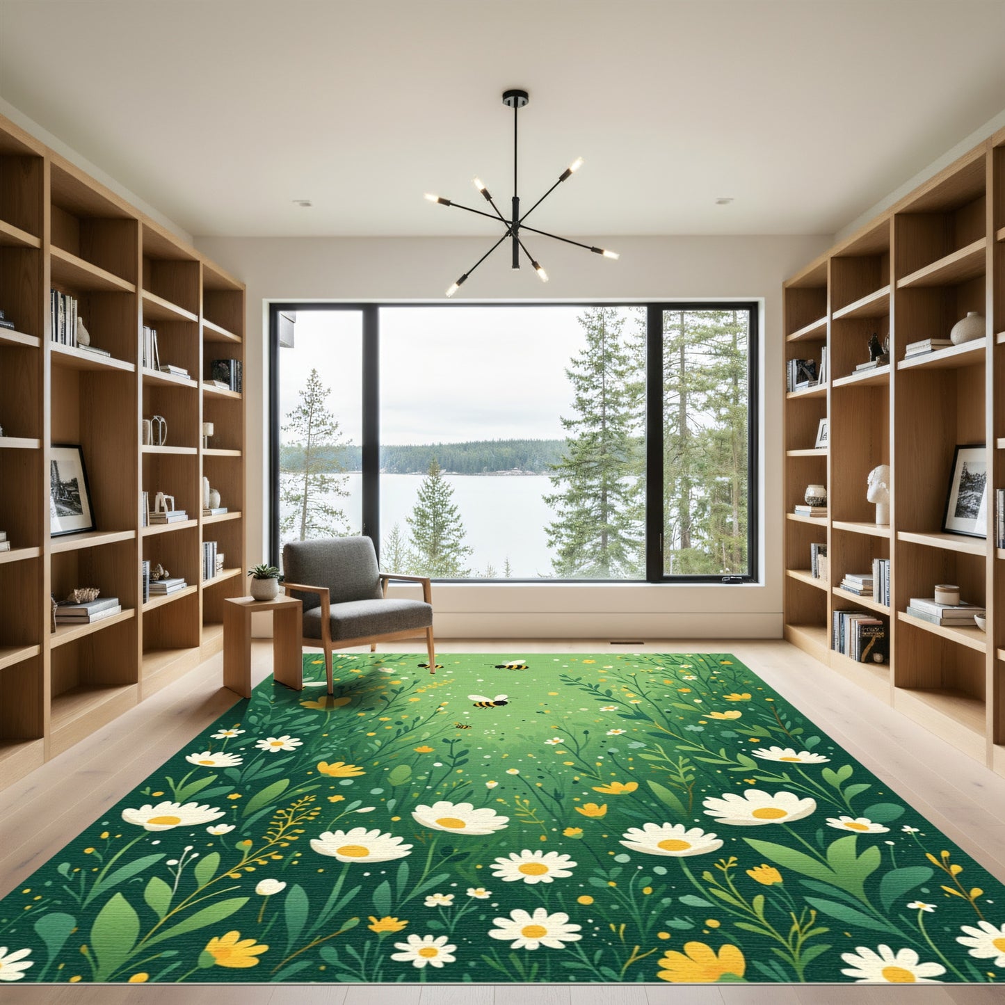 Whimsical Green Garden Bee Blossom Rug