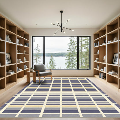 Pale Yellow Blue Gray Stripe Grid Rug