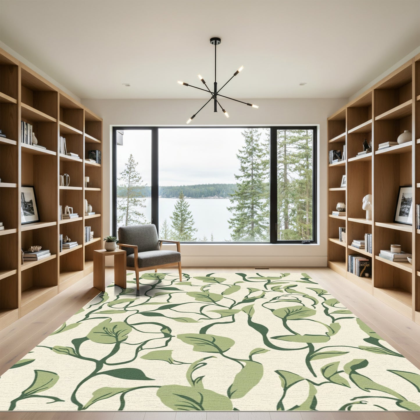Cream Green Vine Swirl Rug