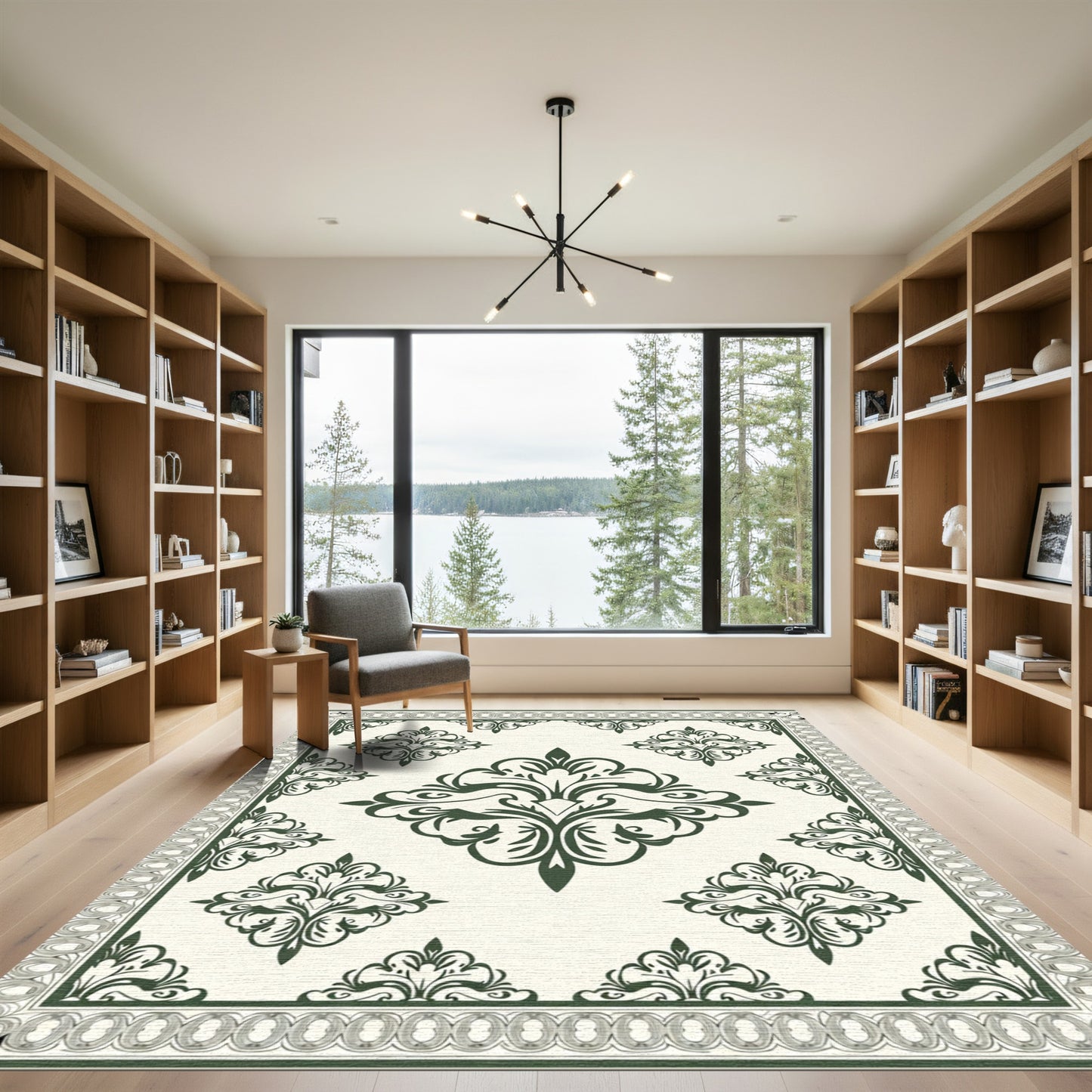 Deep Emerald Damask Border Rug