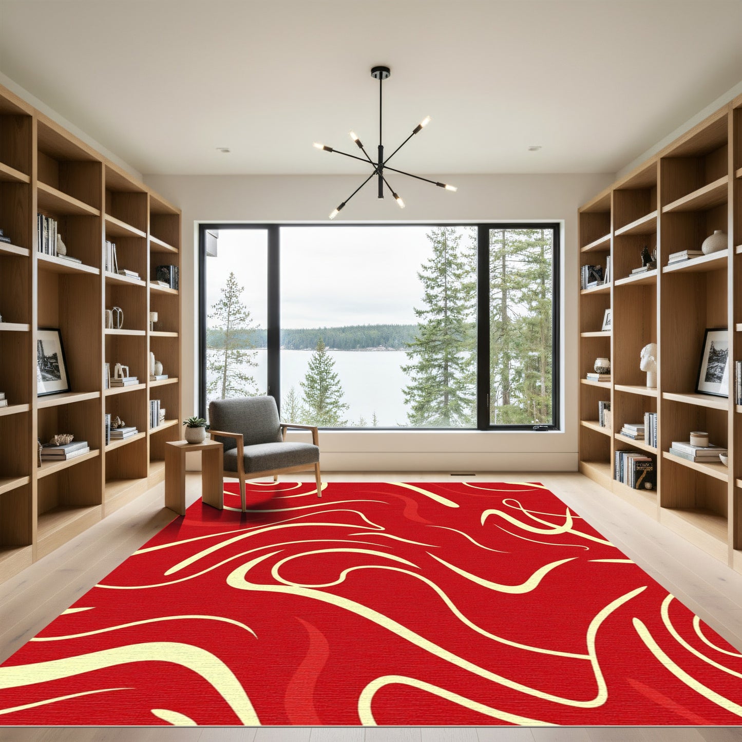 Crimson Swirl Abstract Curving Lines Rug